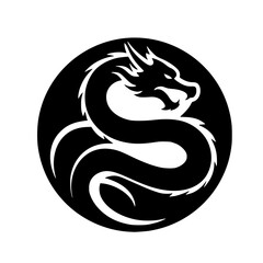 Fototapeta premium dragon token icon vector - Black silhouette of a dragon coiled inside a circular design 