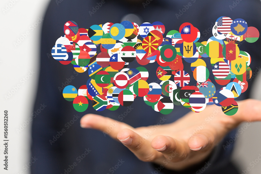 Poster Image of a hand holding numerous flags, symbolizing global unity and international relations.