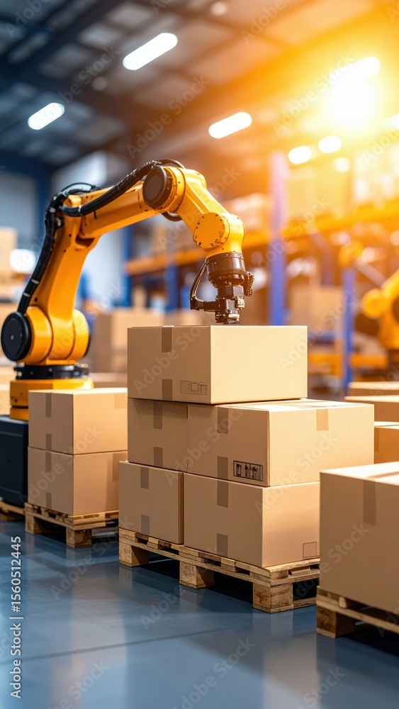 Aufkleber robotic arm operating in sunlit warehouse with stacked crates