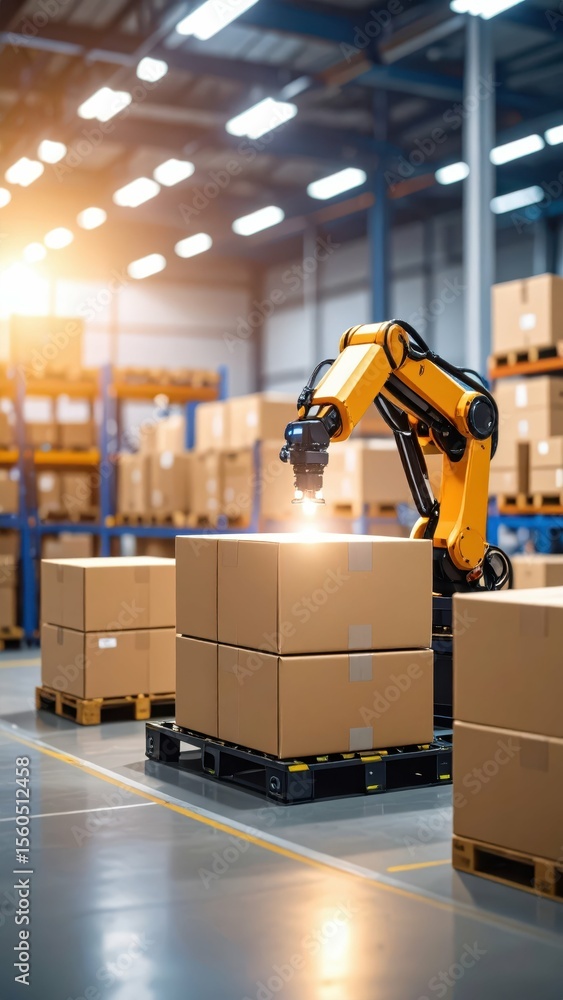 Poster sunlit warehouse with robot arm scanning stacked crates and boxes
