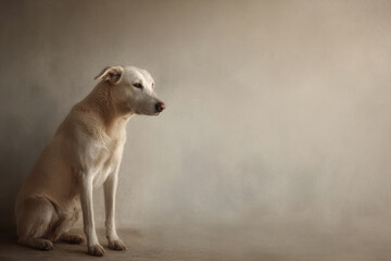 portrait of dog sitting on right side of frame displaying caring expression