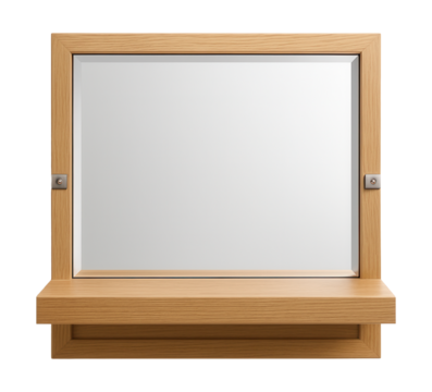 Hanging shelf with a mirror back, enhancing light reflection in a narrow hallway.