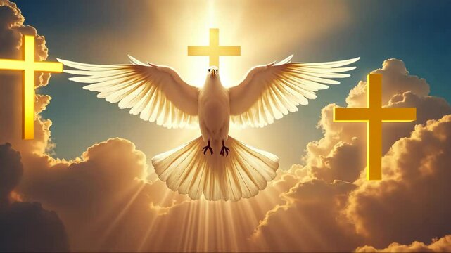 White dove with a cross on its chest flying in the sky. Concept of peace and hope