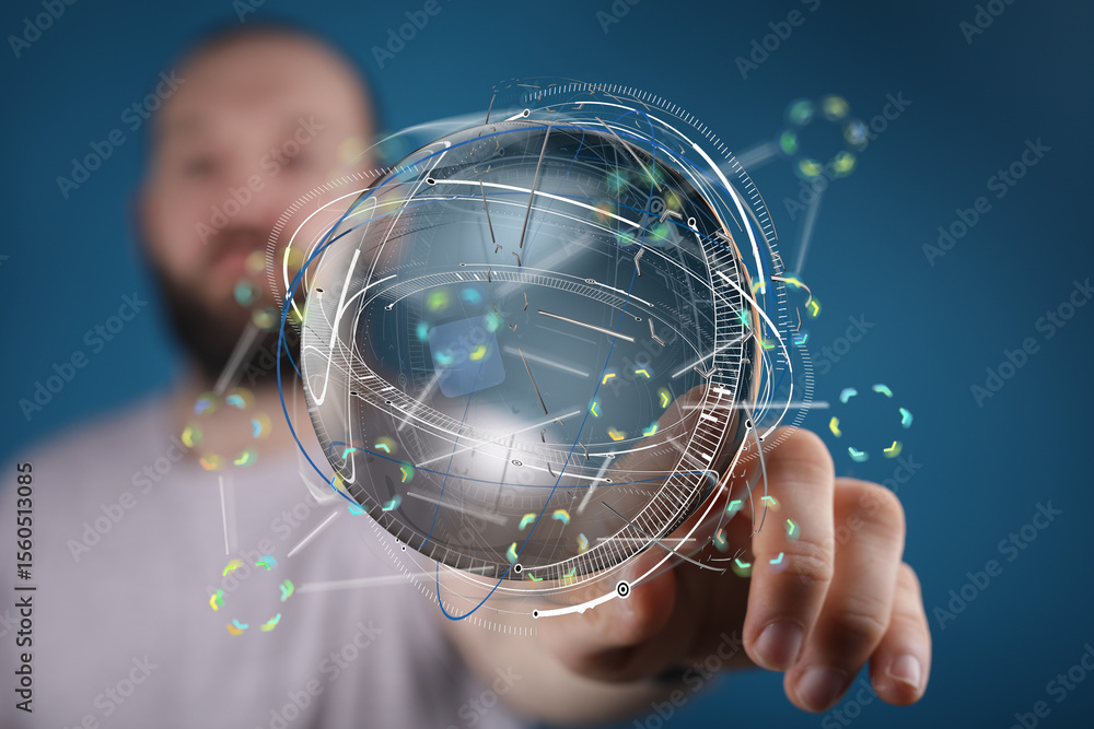 Aufkleber A man interacts with a holographic globe, showcasing global network and data visualization.