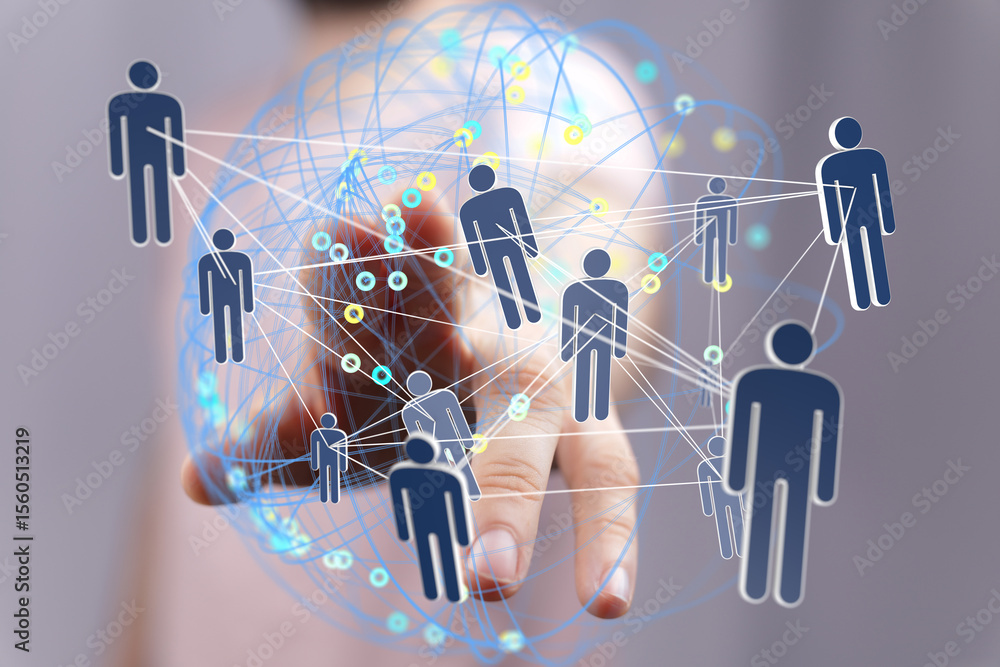 Poster image of a hand interacting with a digital network of people, representing global connections and co