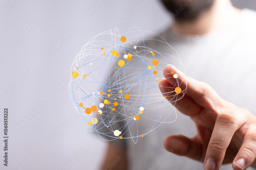 Poster Abstract image of a hand interacting with a digital network, representing global connectivity and data flow.