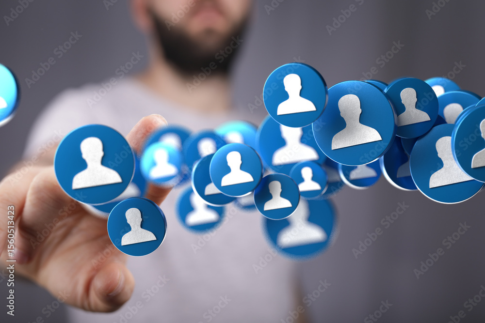 Aufkleber abstract image of a man interacting with a network of digital profile icons, symbolizing social medi