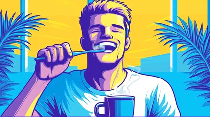 Bright morning routine featuring a young man brushing teeth while sipping coffee in a lively atmosphere