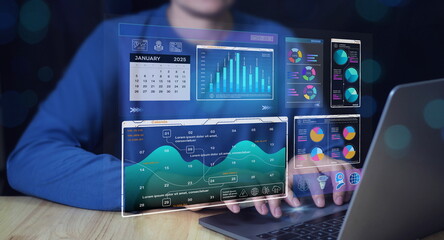 Business data analysis digital dashboard displays business data, financial reports, sales analytics, and market research insights for planning, growth tracking, and financial auditing.