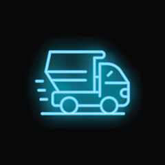 Glowing blue neon icon of a dump truck quickly moving left on a black background