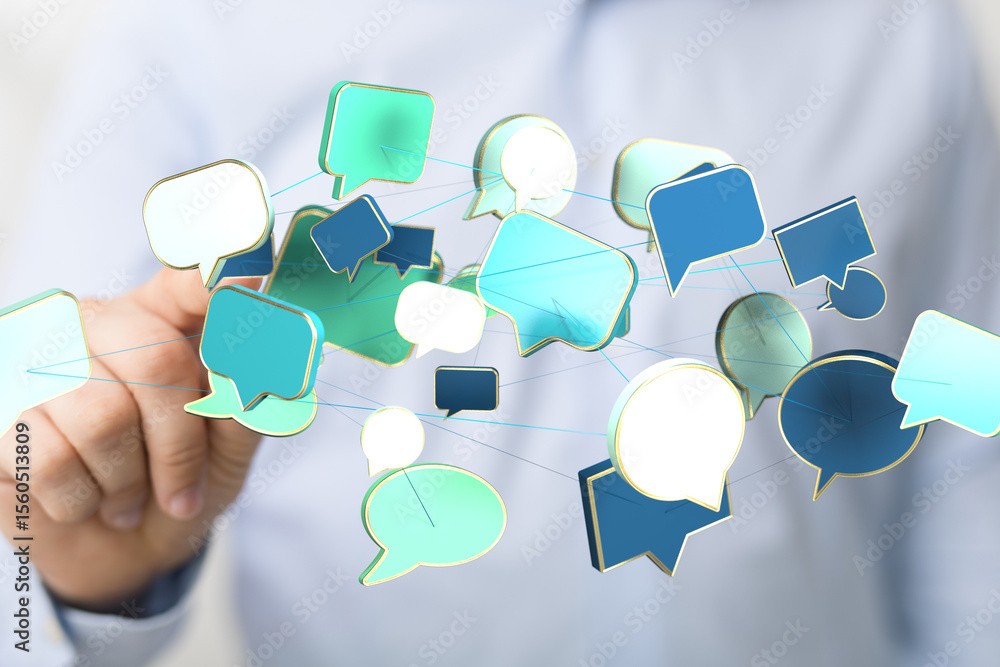 Poster abstract image of interconnected speech bubbles, symbolizing global communication and networking.