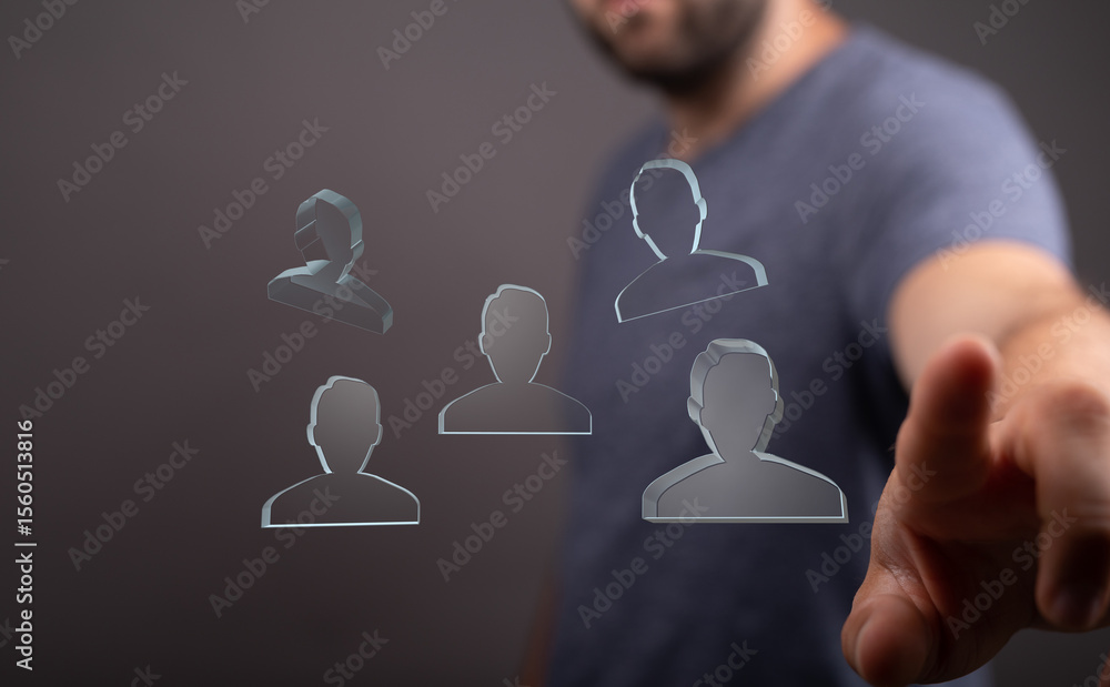 Poster Image depicts a person interacting with a network of virtual profiles, symbolizing teamwork and connection.