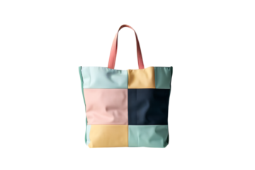 Stylish and vibrant tote bag with a patchwork design. Perfect for shopping or everyday use.