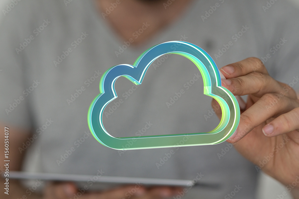 Poster image of a person holding a vibrant cloud icon, symbolizing cloud computing, data storage, and digit