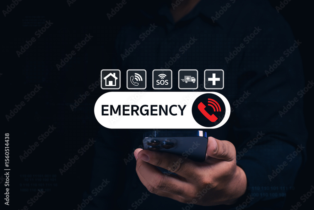 Aufkleber person holding a phone with emergency icons and a highlighted emergency call button on a dark backgr