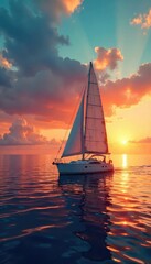 Majestic Sailboat at Golden Hour Tranquil Ocean Sunset Cruise, White Sails Billowing, Serenity and Natural Beauty