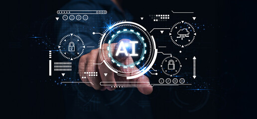 A hand interacts with a futuristic digital interface highlighting AI, security, and data technology...