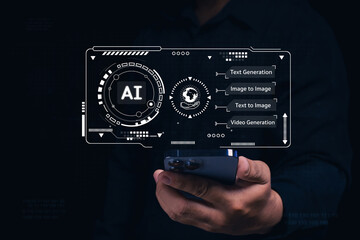 A person holding a smartphone with a futuristic AI interface displaying options like text...