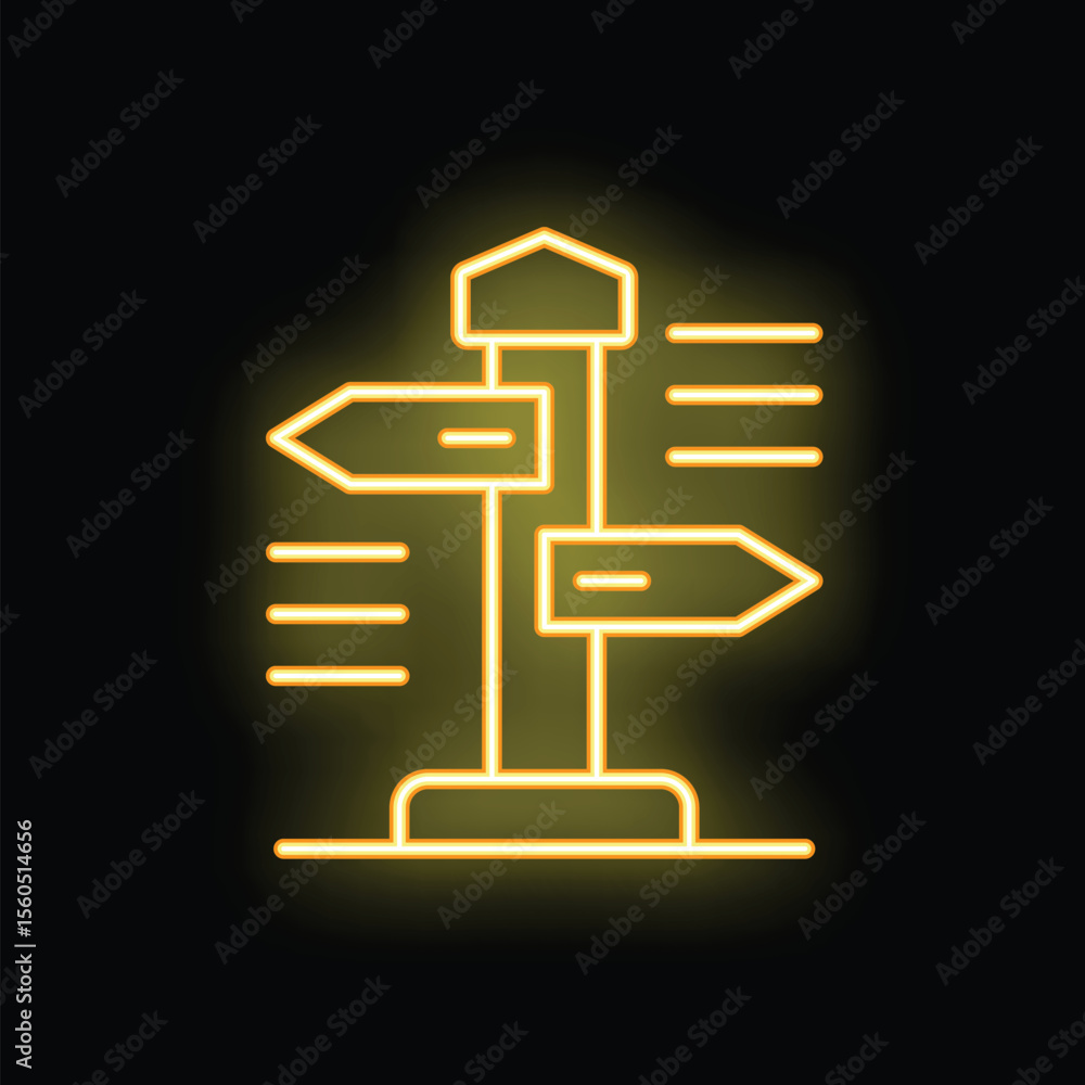 Poster neon direction signpost with empty arrows pointing in different ways is glowing on a black backgroun
