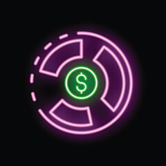 Neon sign is glowing in the dark, representing the concept of money management with a pie chart and a dollar sign