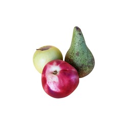 pear and apple. Composition of imperfect fruits on white background.  green apples nectarine and pear