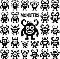 Silhouette Icon Set of Whimsical Cartoon Monsters Arranged in Grid with “MONSTERS” Text in Bold Center