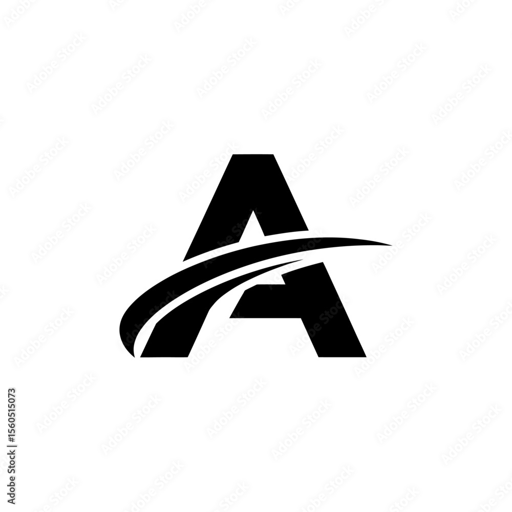 Poster a black letter a with a swoosh design element on a white background in a minimalist style logo desig