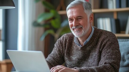 Senior man attending virtual therapy session via laptop computer in comfortable home office, ideal for telehealth and mental wellness concepts. Digital healthcare and remote therapy services.