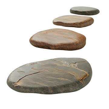 Stepping Stones Path: A path of four stepping stones, each unique in color and texture, leads towards the viewer.  The stones suggest a journey, a path to follow, or a spiritual awakening.