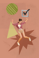 Contemporary artwork collage of happy girl guy stand checkmark icon project confirmation acceptance...