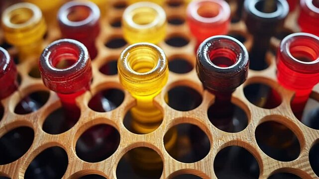 Colorful Bottles in a Wooden Holder