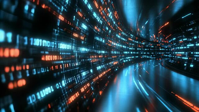 Abstract Data Stream Visualization Through a Futuristic Tunnel Concept, Binary Code