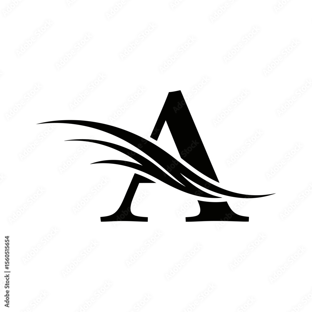 Poster a black letter a with three curved lines going through it on a white background in a simple design