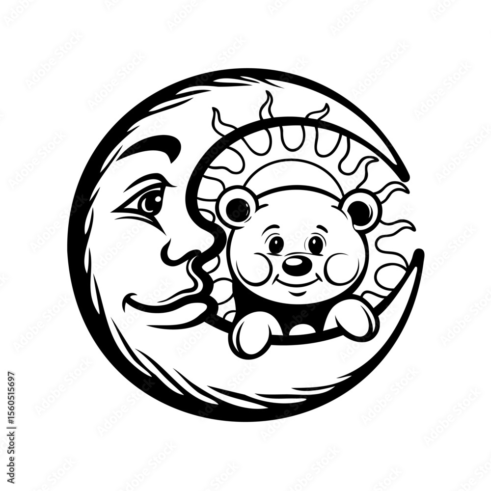 Poster a smiling moon face with a bear inside a crescent shape vector