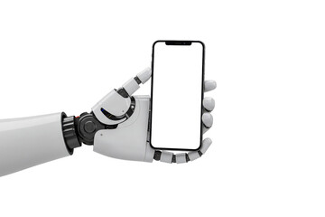 Robotic hand holding smartphone, PNG isolated on transparent background, technology display concept