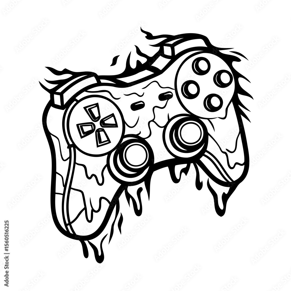 Poster handdrawn a video game controller with melting fire-like elements gaming console