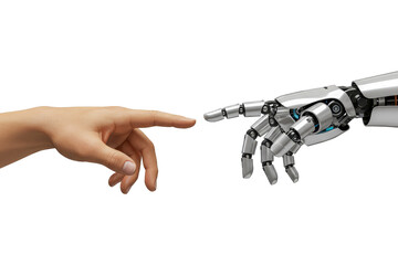 Human and robotic hands touching, PNG isolated on transparent background, futuristic connection concept