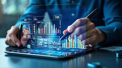 Man is using a tablet to draw graphs and charts. Concept of focus and concentration as the man works on his project. Augmented reality - Powered by Adobe