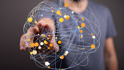Person interacting with a digital network visualization.  Connecting dots, global network, data...
