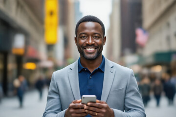 A smiling African-American man in a gray blazer and blue shirt confidently holds a smartphone while standing on a bustling city street.