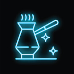 Blue neon sign of a turkish coffee pot brewing fresh coffee with steam and sparkles
