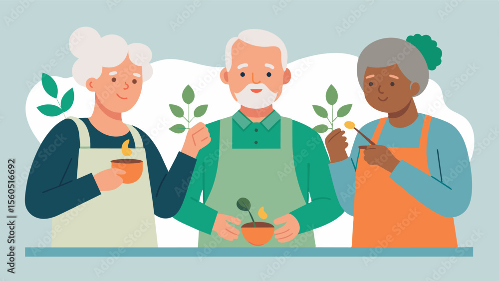 Poster a group of seniors participating in a cooking class using various herbs and es to engage their sense