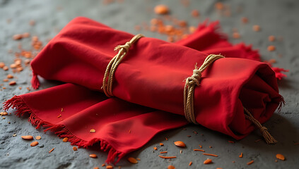 A red banner rolled neatly after Ashura rituals
