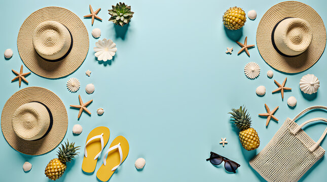 Decorative beach background with summer items - Powered by Adobe