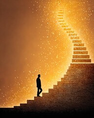 A contemplative figure stands at the base of a staircase illuminated by a warm glow, symbolizing the journey towards enlightenment and personal growth amidst a backdrop of shimmeri