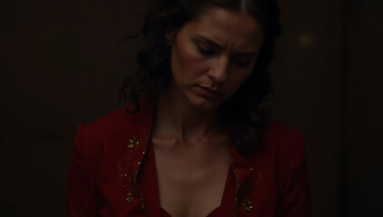 A mourner's breast adorned with a red silk sash