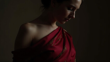 A mourner wearing a red silk sash over their breast