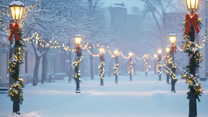 Festive winter wonderland: A serene street adorned with snow and holiday decorations - Powered by Adobe