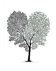 A unique illustration of a tree designed in the shape of a heart, featuring contrasting black and green leaves, symbolizing love and nature's harmony.
