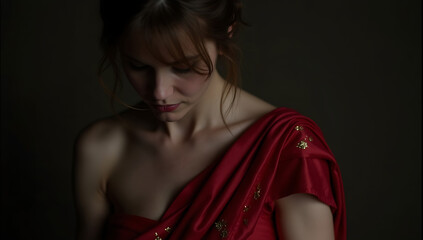 A mourner's chest with a red silk belt knotted around it